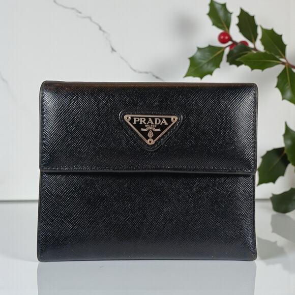 Authentic Prada Saffiano Leather Triangle Logo Trifold Black Wallet - Picture 1 of 16